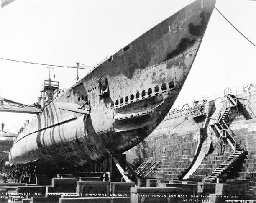 Squalus in dry dock post salvage.