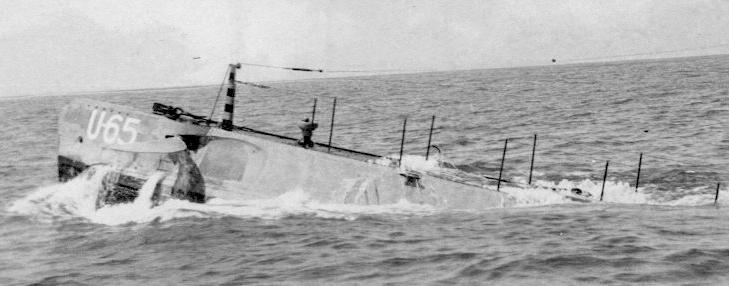 USS F-3 as the U-65 bow close-up