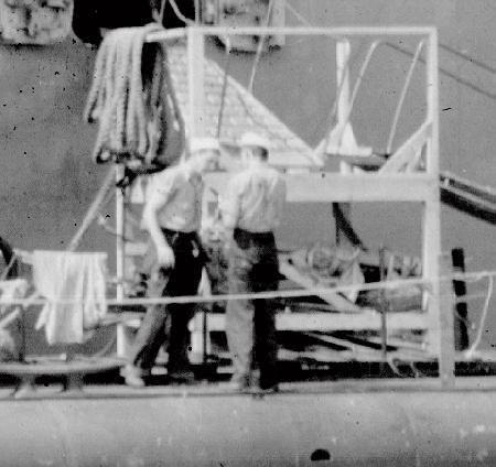 Gangway from USS Fulton AS 11 to the Plunger foredeck.