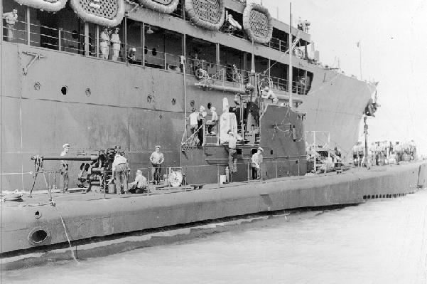 USS Plunger SS 179 along side USS Fulton AS 11 July 22, 1942