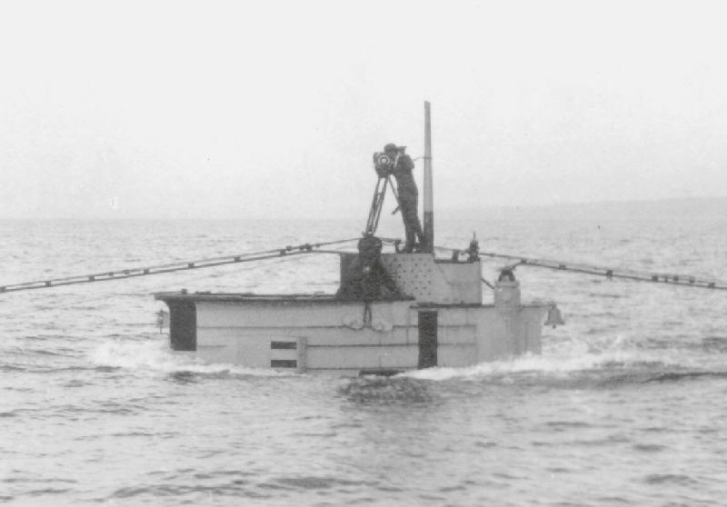 USS S-1 submerging with cameraman on bridge