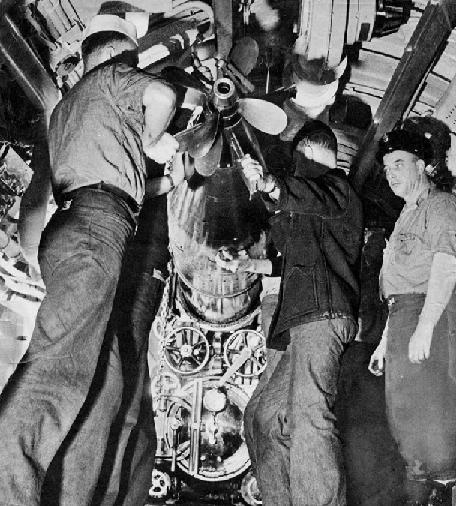 USS S-20 torpedo room loading torpedo in tube