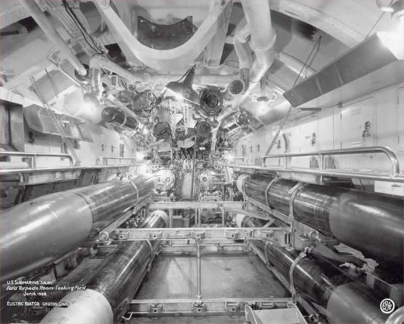 USS Saury SS 189 forward torpedo room.