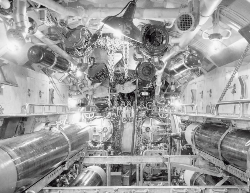 USS Saury SS 189 forward torpedo room.