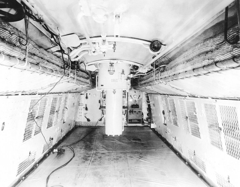 USS M-1 interior, forward battery compartment looking aft.