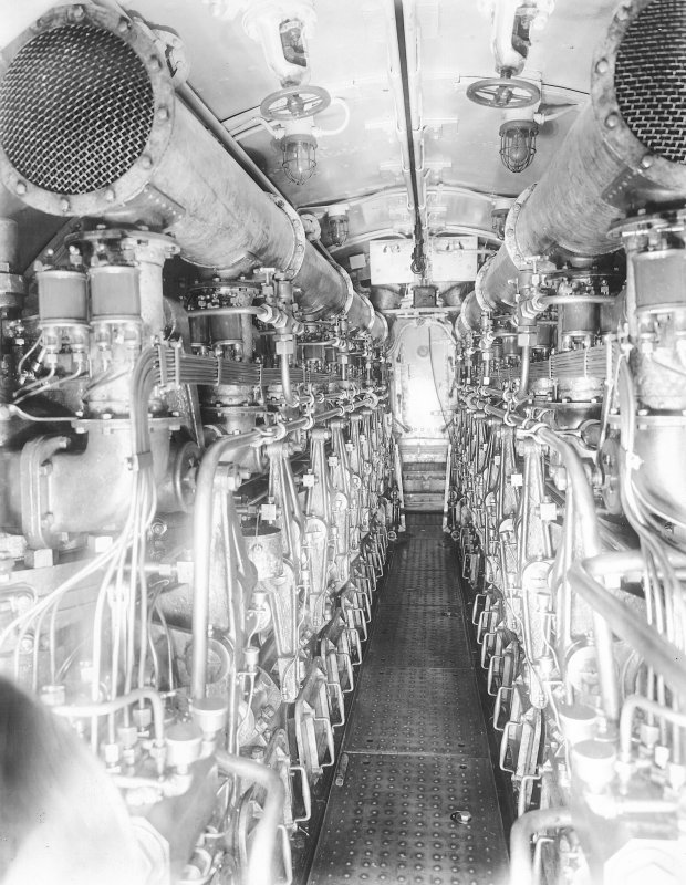 USS M-1 engine room looking forward.