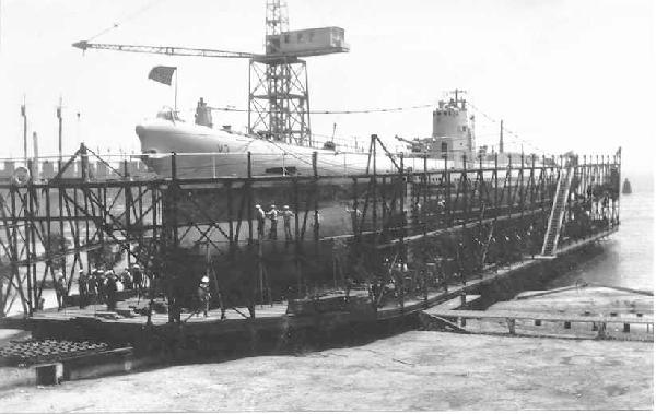 V-3 hauled on on a marine railway for upkeep